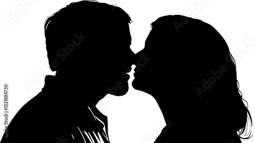 "A man and a woman share a gentle kiss in profile view, their foreheads touching, eyes closed. Both are light-skinned with dark hair; the man has a short beard, and both wear casual button-up shirts. 