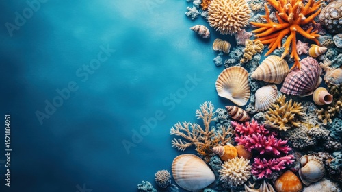 Underwater Treasures: A vibrant array of seashells and corals gracefully arranges itself against a deep blue backdrop, conjuring images of a tranquil underwater realm, captured in stunning detail.