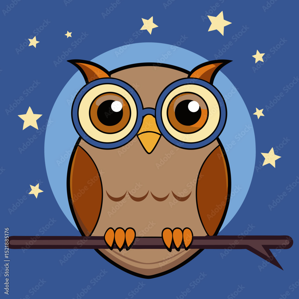 Fototapeta premium Adorable Cartoon Owl with Glasses at Night