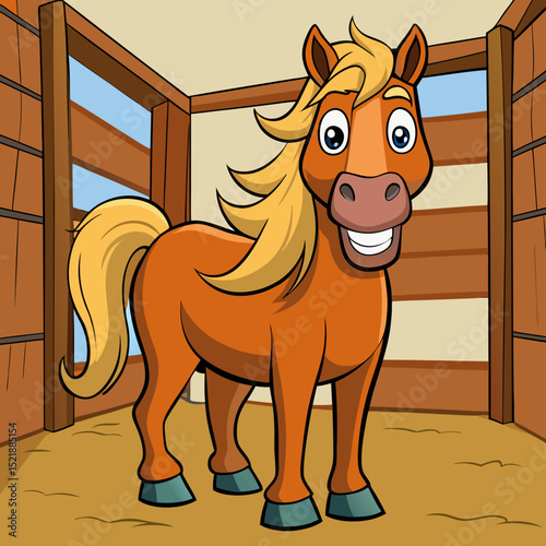 Friendly Cartoon Horse in Stable Illustration