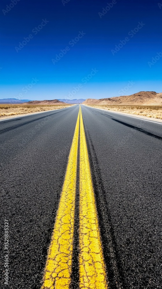 Fototapeta premium Endless desert highway with vivid yellow lines stretching into the horizon under clear blue sky, perfect for travel themes