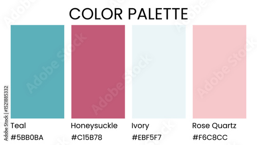 Teal, Honeysuckle, Ivory, Rose Quartz color palette. Set of bright color palette combination in rgb hex. Color palette for ui ux design. Abstract vector illustration for your graphic design, banner