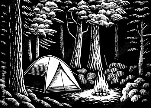 A black and white sketch vector of a forest camping scene with tent, campfire, and trees