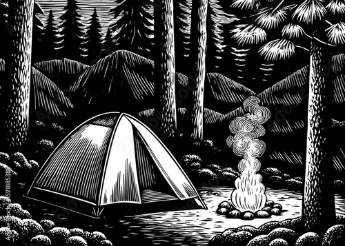 A black and white sketch vector of a forest camping scene with tent, campfire, and trees