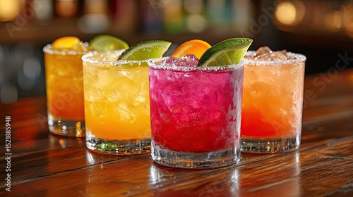 Different flavored margaritas served in classic glasses on a wooden table at a lively sports bar setting 