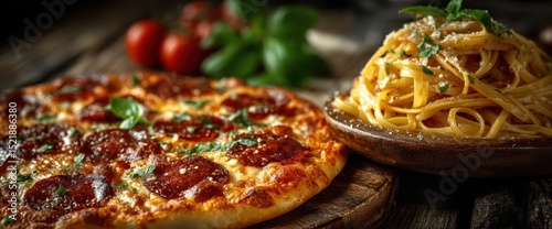Obraz  z motywem Delicious pizza and pasta in rustic setting.
