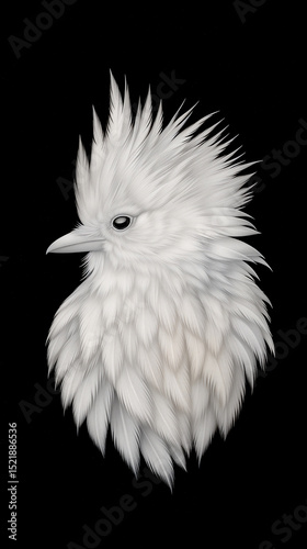 A striking illustration of a white bird showcasing intricate feather patterns and a distinctive look.