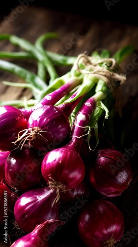 Close-up display of fresh red onions with green stems tied with natural twine, on a rustic dark wooden surface
