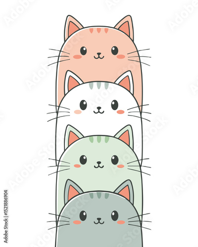 Stacked kawaii cats in pastel colors, vertical cute animal illustration for children’s decor, stickers, or stationery