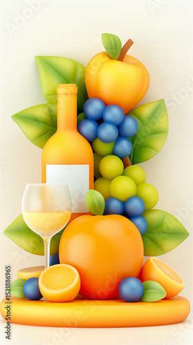 Lively illustration of a yellow bottle and wine glass with citrus, grape, apple and leaf accents that captures the essence of freshness and celebration.