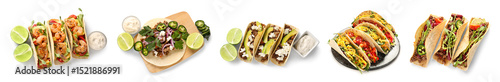 Set of many tacos on white ...