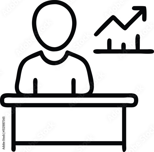 Minimalist line art silhouette of a stock trader working at a desk with graphics