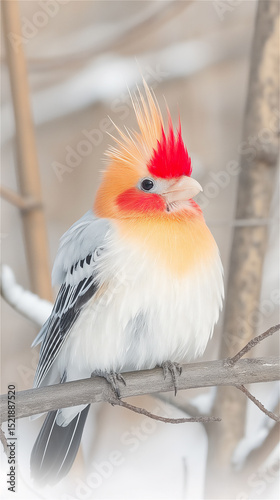 A vibrant and colorful bird is showcasing its unique feather colors beautifully against a soft winter backdrop