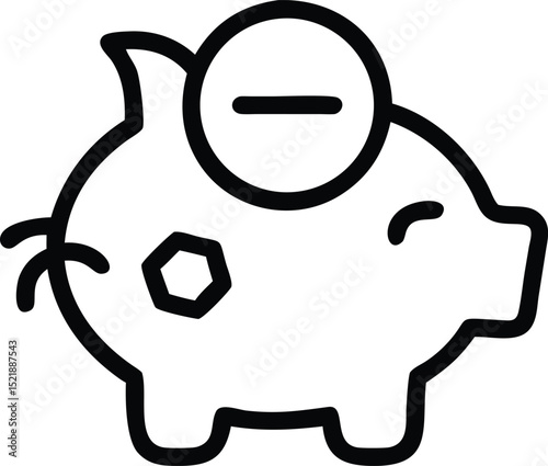 Minimalist piggy bank icon with minus sign illustrating financial reduction concept
