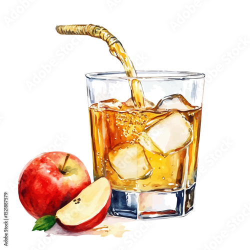Cider Poured Into Glass, watercolor painting vector, high quality, isolated on a white background.