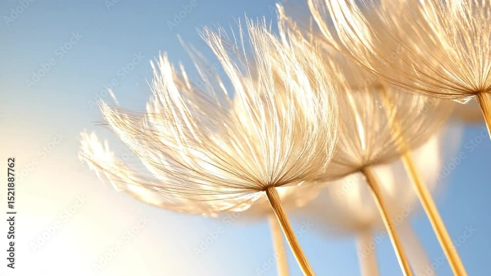 Whispers of Nature: Delicate dandelion seed heads against a radiant blue sky, evoke a sense of lightness and ethereal beauty.
