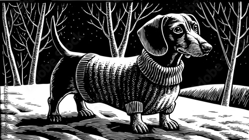 A black and white sketch vector of a dachshund dog wearing a sweater and standing in snow