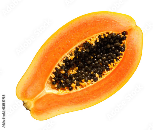 Fresh papaya showing seeds and vibrant orange flesh on white background