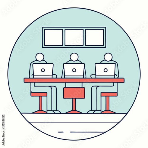 Minimalistic illustration of a modern office workspace with people and laptops