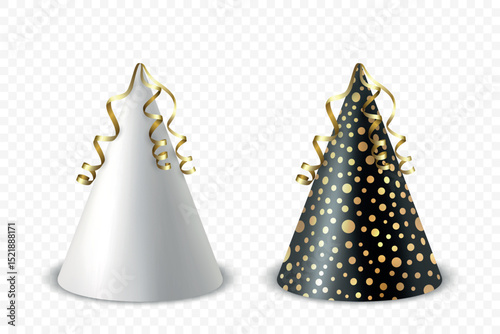 Vector 3d Realistic Birthday Party Hat Icon Set Isolated. Party Cap Design Template for Party Banner, Greeting Card. Holiday Hats, Cone Shape, Front View