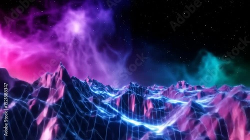 Abstract Neon Landscape with Starry Sky and Nebula Formation in the Background, 3D Render