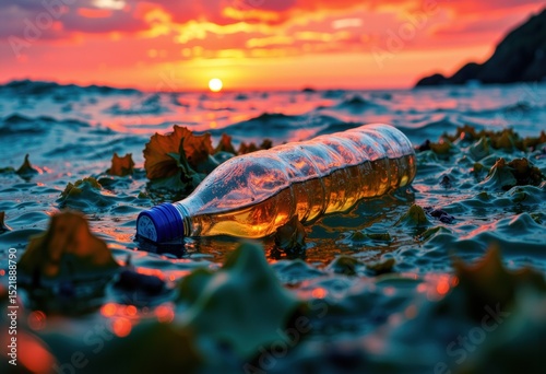 Plastic bottle discarded on the beach during a vibrant sunset scene