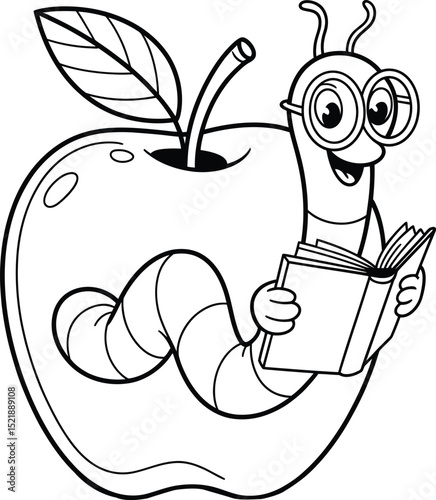 Cute Bookworm in Apple Cartoon – Fun Educational Coloring Page for Kids