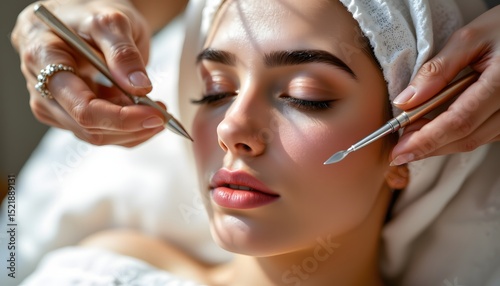 anti aging facial treatment in progress, relaxed woman obscured beneath draped linen; unbranded metallic implements gleam, poised near her serene face, a split perspective divides the frame photo