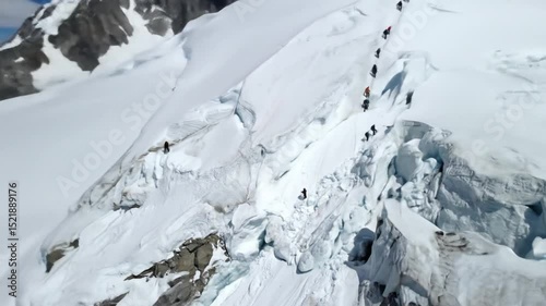 Aerial View of Mountain Climbers Ascending a Snowy Peak, Adventurous Expedition