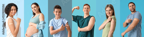 Photos Set of people after vaccination on blue background
