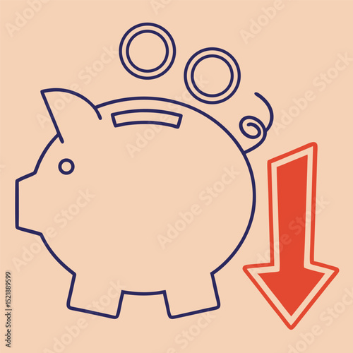 Piggy bank concept of financial loss with an arrow indicating decrease in value