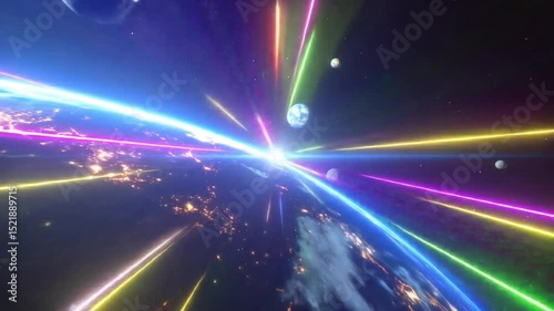 Futuristic Earth Orbit with Colorful Light Streaks and Glowing Cities at Night Views