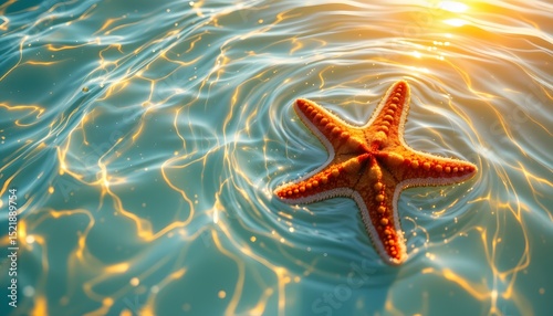 a full body starfish, inverted, in a sun drenched sea, captured in a radiant golden shine style, the creature dominates the right of the frame, leaving an expansive
