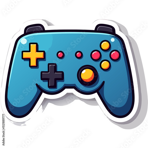 Blue Gamepad Illustrates Digital Gaming, isolated on white, offering a playful concept with sticker style and vibrant colors.