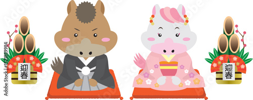 門松に囲まれた午年の馬キャラで祝うお正月