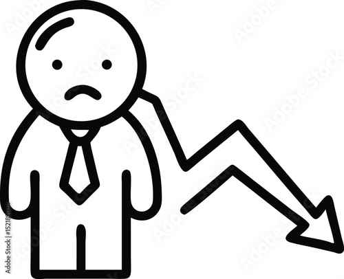 Sad businessman silhouette thin line icon with downward symbols vector design