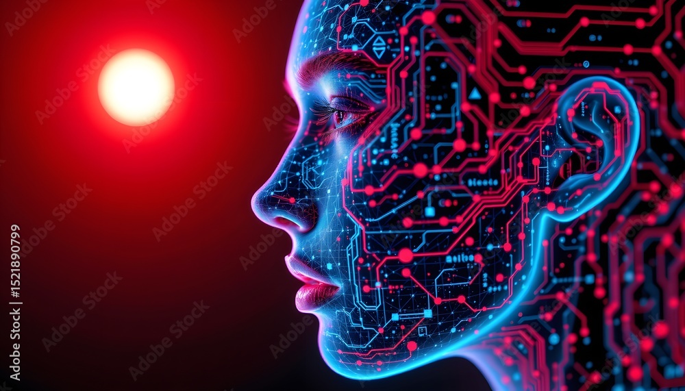 Obraz premium human face hologram, wireframe style, 3d rendering, tranquil expression in flat design style from intimate close proximity, subject positioned right with ample copy space on the left