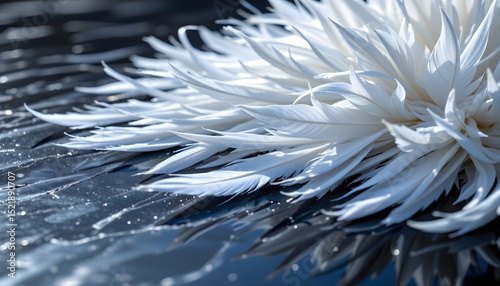 a cascade of luminous white bird feathers, each edged with electric blue light, dramatically spills across a polished obsidian surface, employ a disorienting dutch angle