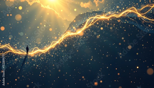 a luminous lightwave cascades diagonally in an over the shoulder, aerial view, sparkling gently, below, a lone, silhouetted figure rests in a position emphasizing empty space, above