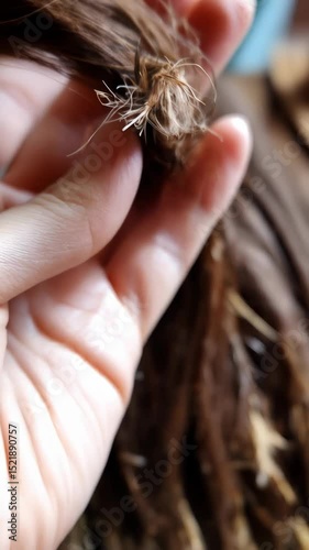 Close-up of human hand holding dry damaged brown hair showing split ends and brittleness against neutral background in natural light