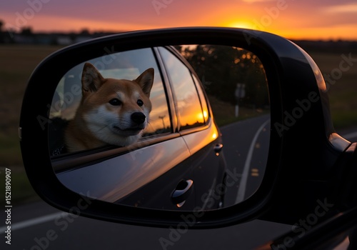 Shiba Inu Looking Out Car Mirror