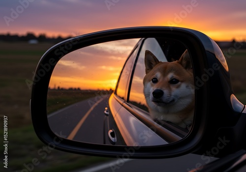 Shiba Inu Reflected in Rearview Mirror