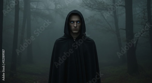 Hooded Man in Foggy Forest