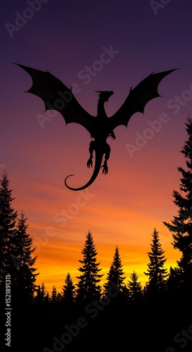Silhouette of Dragon Flying at Sunset