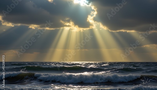 glaring beams pierce the salty air, fragmented light casting long, dramatic shadows.