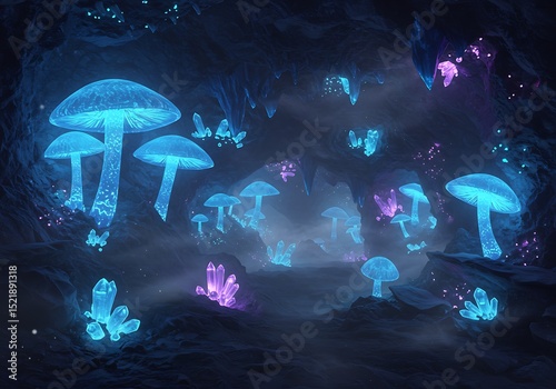 Luminescent Mushrooms in Blue Cave
