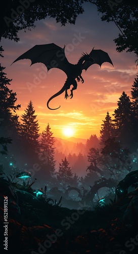 Dragon Flying over Forest at Dusk