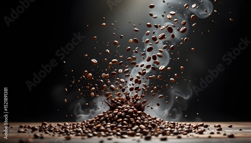 a deluge of roasted coffee grains explodes across an infinite black canvas, caught mid flight in a monochrome adventure, at the positions base, a dense
