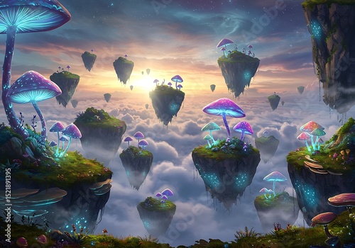 Lush Floating Islands with Bioluminescent Flora