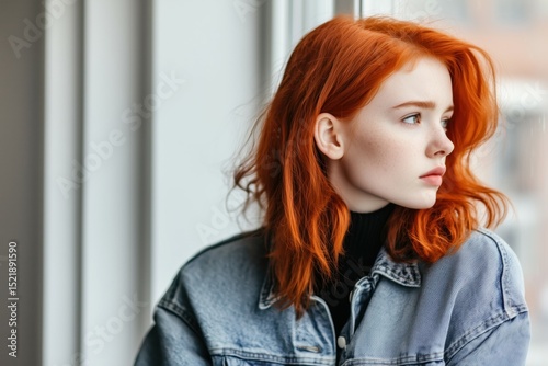 Thoughtful red-haired woman gazes through window, lost in deep emotion and personal contemplation